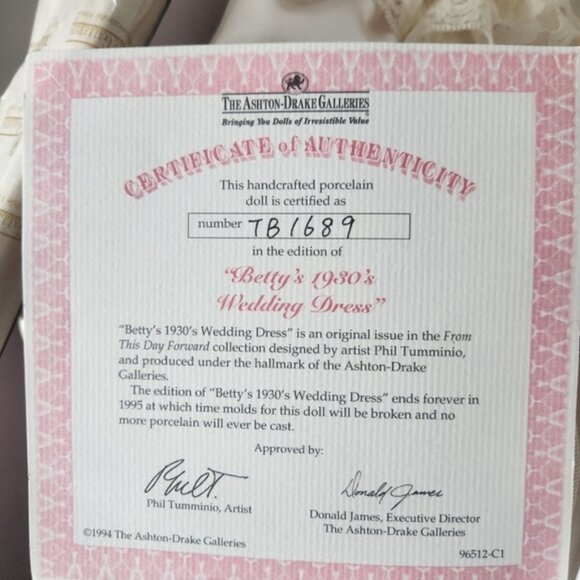 Ashton Drake Galleries | Bettys 1930s Wedding Dress Porcelain Doll w COA - Picture 5 of 9